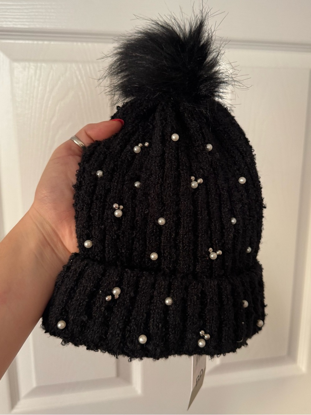 NWT BP. Nordstrom Black Pearl Embellished Faux Fur Pom Pom Beanie